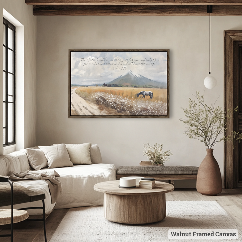 Rustic Christian wall art framed canvas featuring custom Bible verse displayed above a cozy farmhouse sofa.