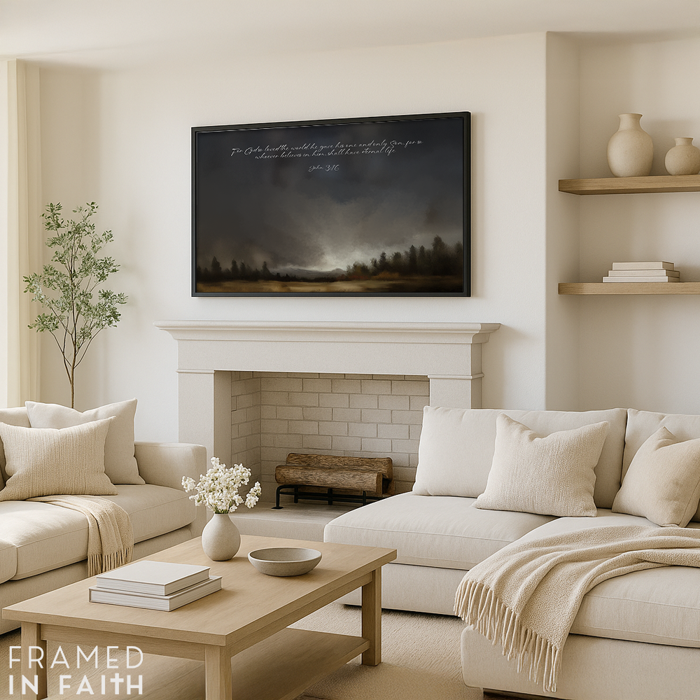 Rustic framed Christian wall art with a custom Bible verse displayed in a cozy home interior — personalized scripture print for farmhouse and modern decor styles.